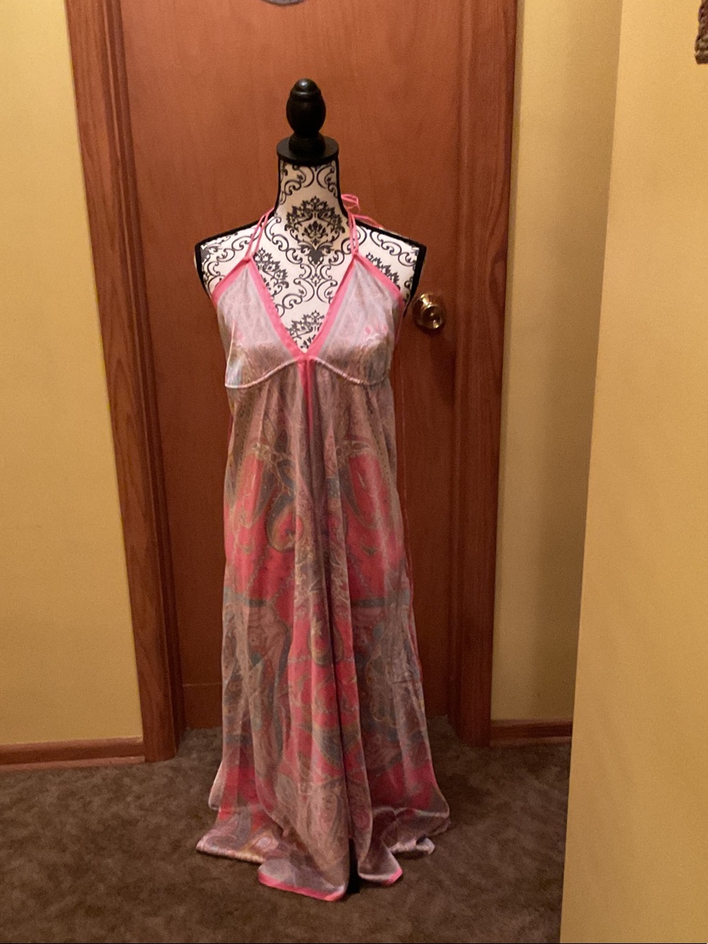Sheer Paisley Maxi Halter Nightgown - Pink & Cream